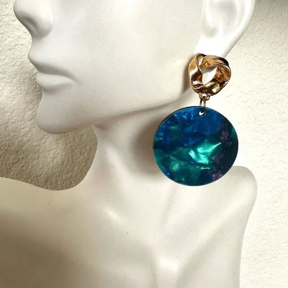 Blue circle gold tone post dangling earrings